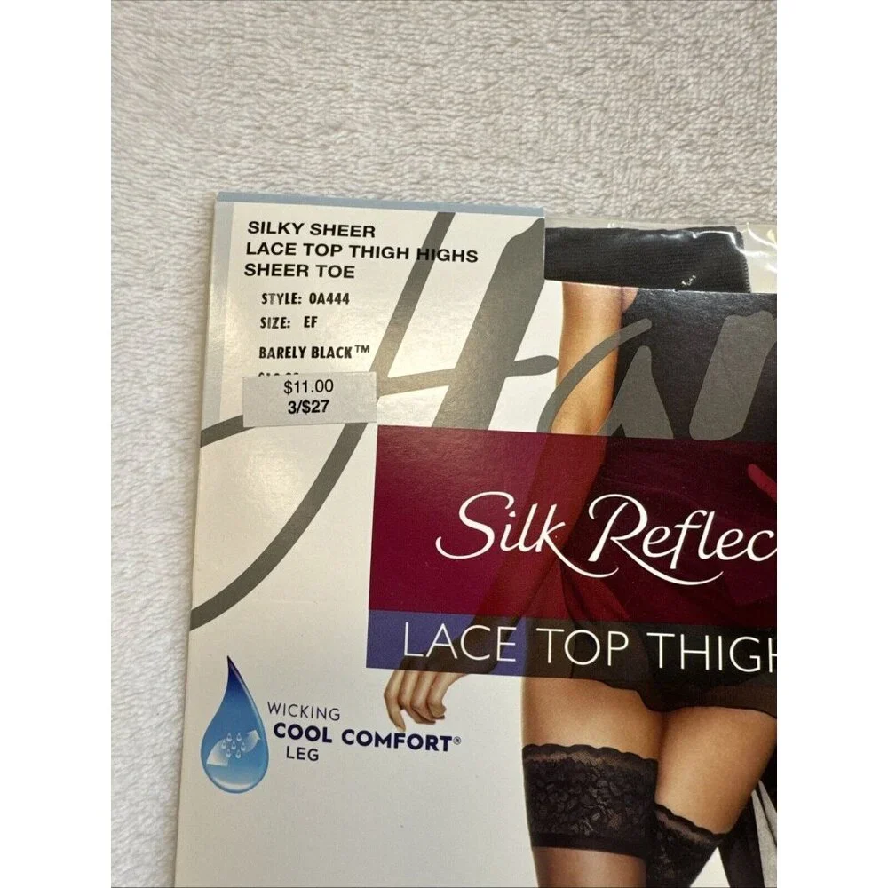 Hanes Silk Reflections Lace Top‎ Thigh Highs Sheer Toe Size EF Barely Black
